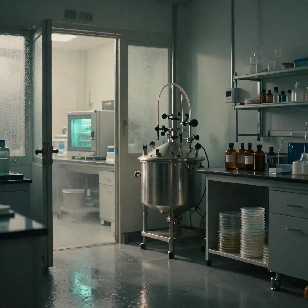 Pre-dawn biotech lab with bioreactor, reagent bottles, petri stacks and glowing incubator window