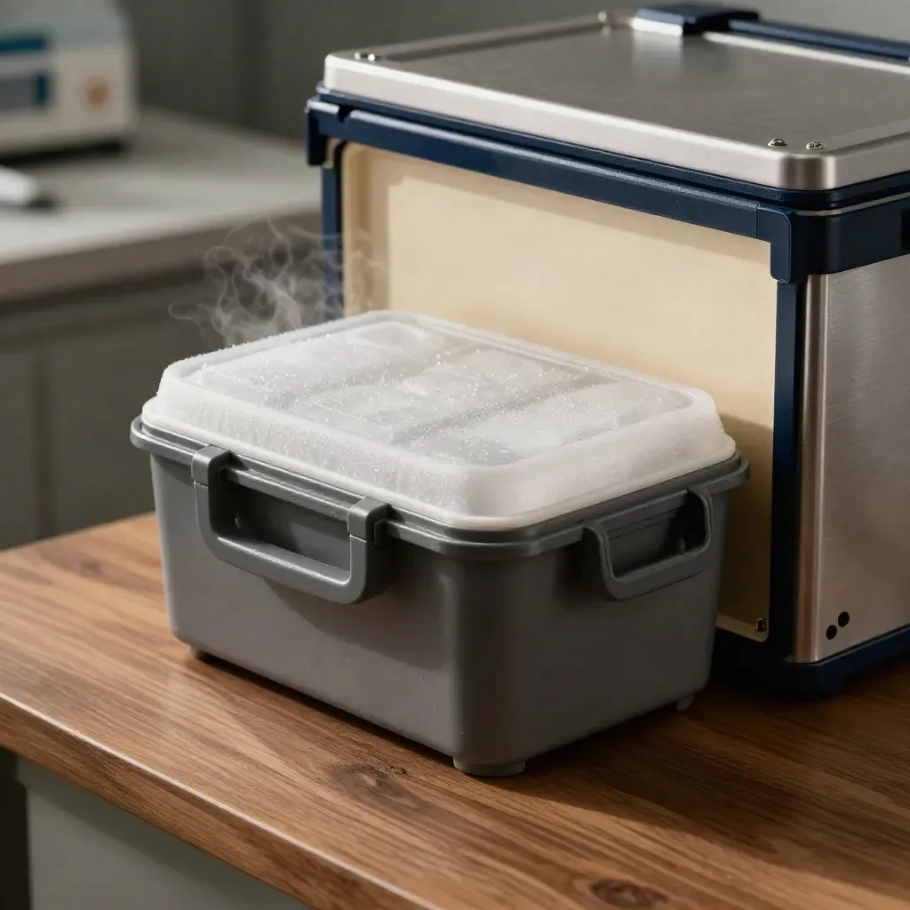 Cold-chain shipment staged at a lab counter with ice pack, sample rack, and vapor