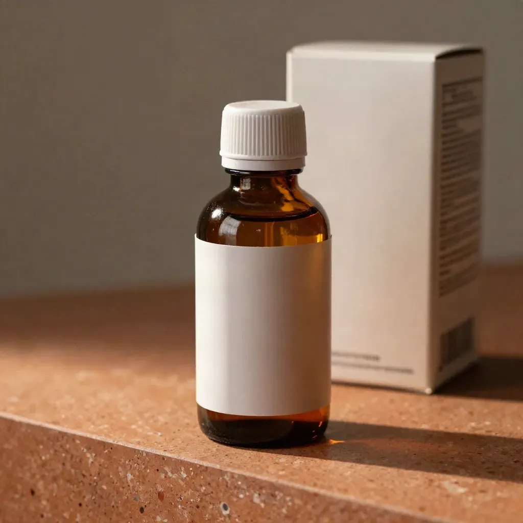 Amber bottle with tamper band beside carton sleeve on travertine, lit by warm window light.
