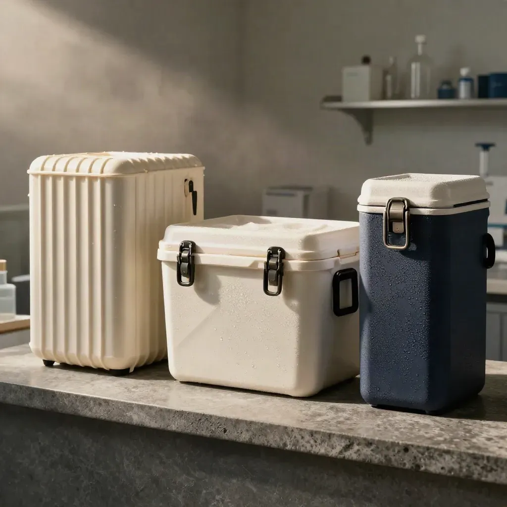Three chilled courier shippers on a stone counter, ready for lab dispatch.