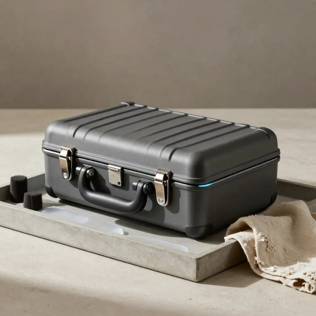 Courier case, chilled insert, foam corners, and linen cloth on a concrete tray