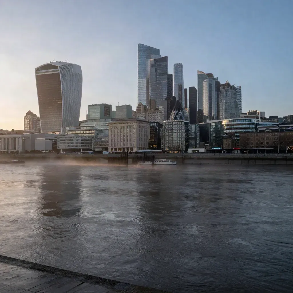 Canary Wharf and the City across the Thames at blue hour with mist and wet river reflections.